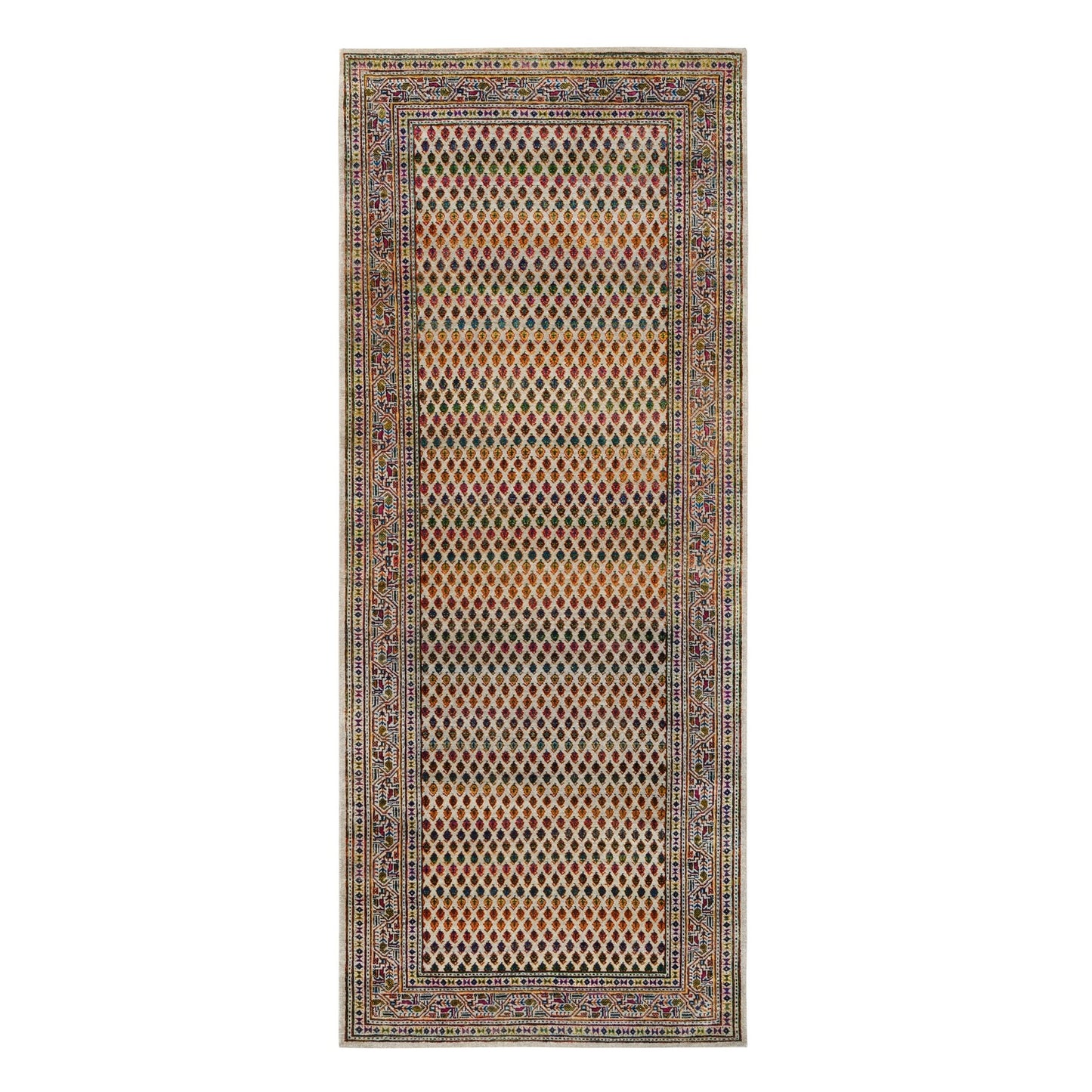 4'X10' Hand Knotted Beige Saroogh Wool And Sari Silk Wide Runner Rug