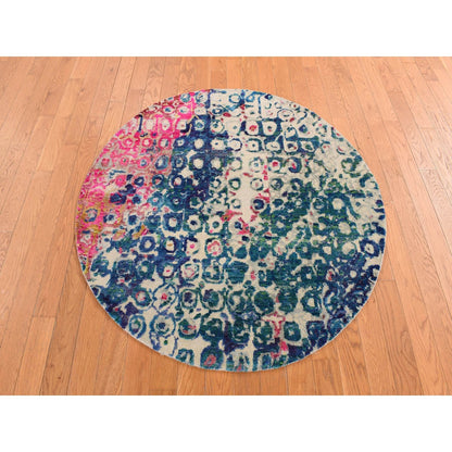 4'X4' Blue With All Over Colorful Peacock Design Round Oriental Rug