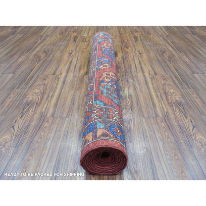 4'1"X11'3" Red Wool Hand Knotted Afghan Ersari Wide Runner Rug