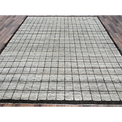 8'4"X9'10" White Moroccan Weave With Box Design 100% Wool Hand Knotted Rug
