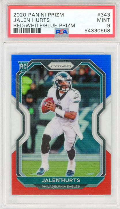 Jalen Hurts 2020 Panini Prizm Red/White/Blue Rookie Prizm Card #343 (Psa Mint 9)