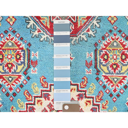4'1"X5'10" Blue Kazak Geometric Medallions Design Hand Knotted All Wool Rug