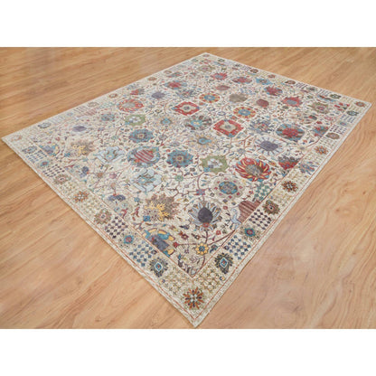 8'3"X10'3" Ivory Hand Knotted Tebraz Vase Silk With Wool Rug