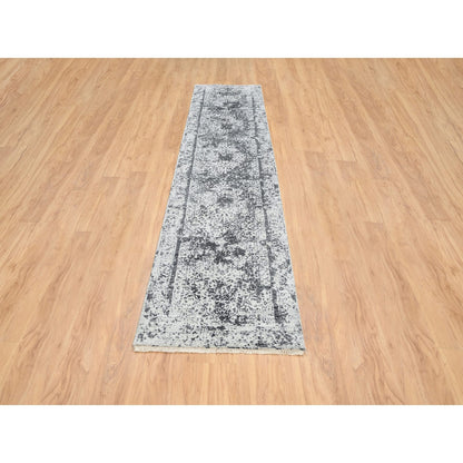 2'7"X12' Gray Wool/Silk Hand Knotted Erased Zoroastrian Design Runner Rug