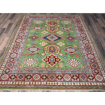 5'4"X6'8" Green Kazak Geometric Medallions Design Hand Knotted Wool Rug