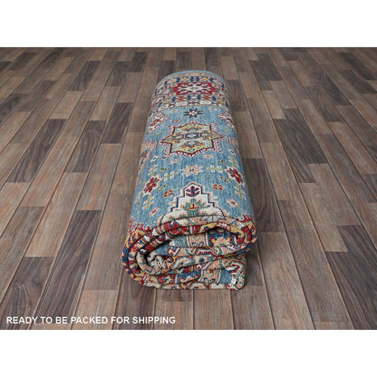7'10"X9'8" Blue Kazak Tribal Medallions Design Hand Knotted Soft Wool Rug