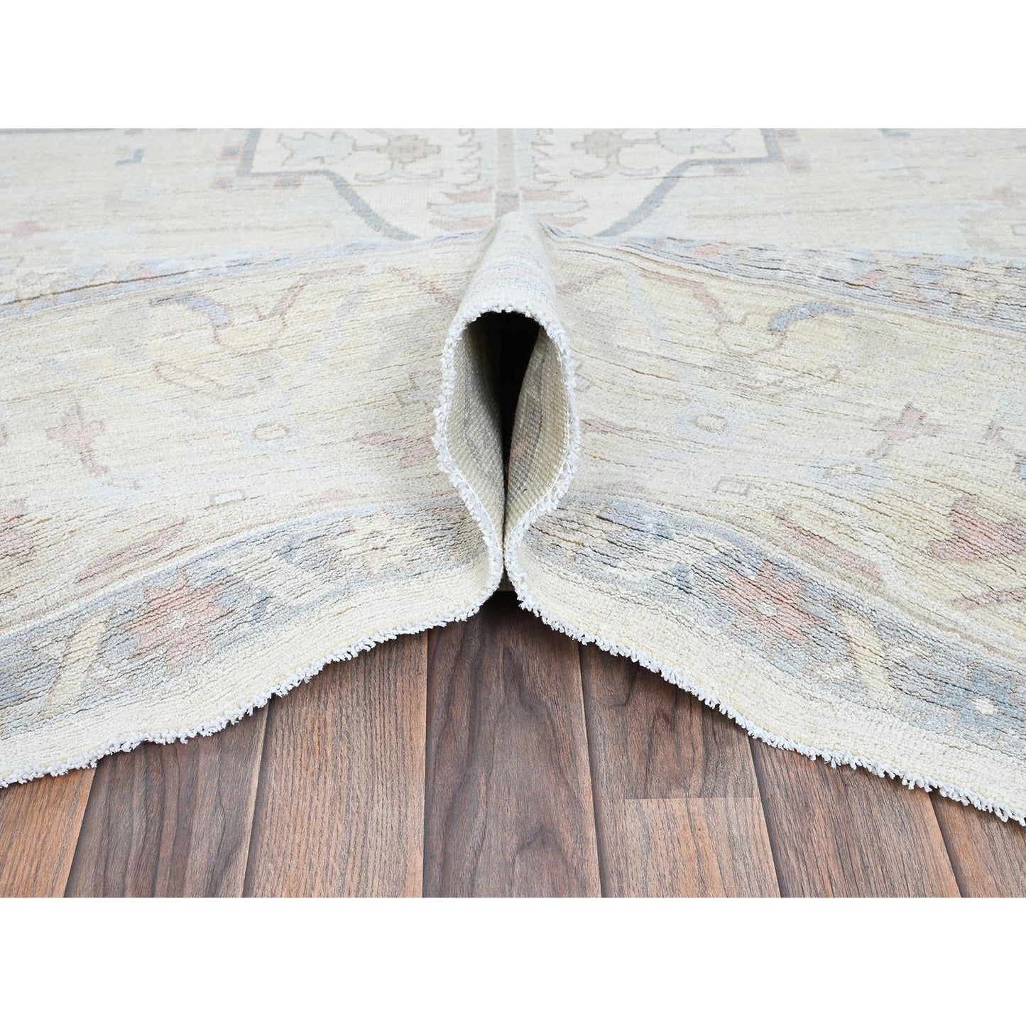 10'X13'7" White Wash Peshawar With Heris Design Hand Knotted Pure Wool Rug