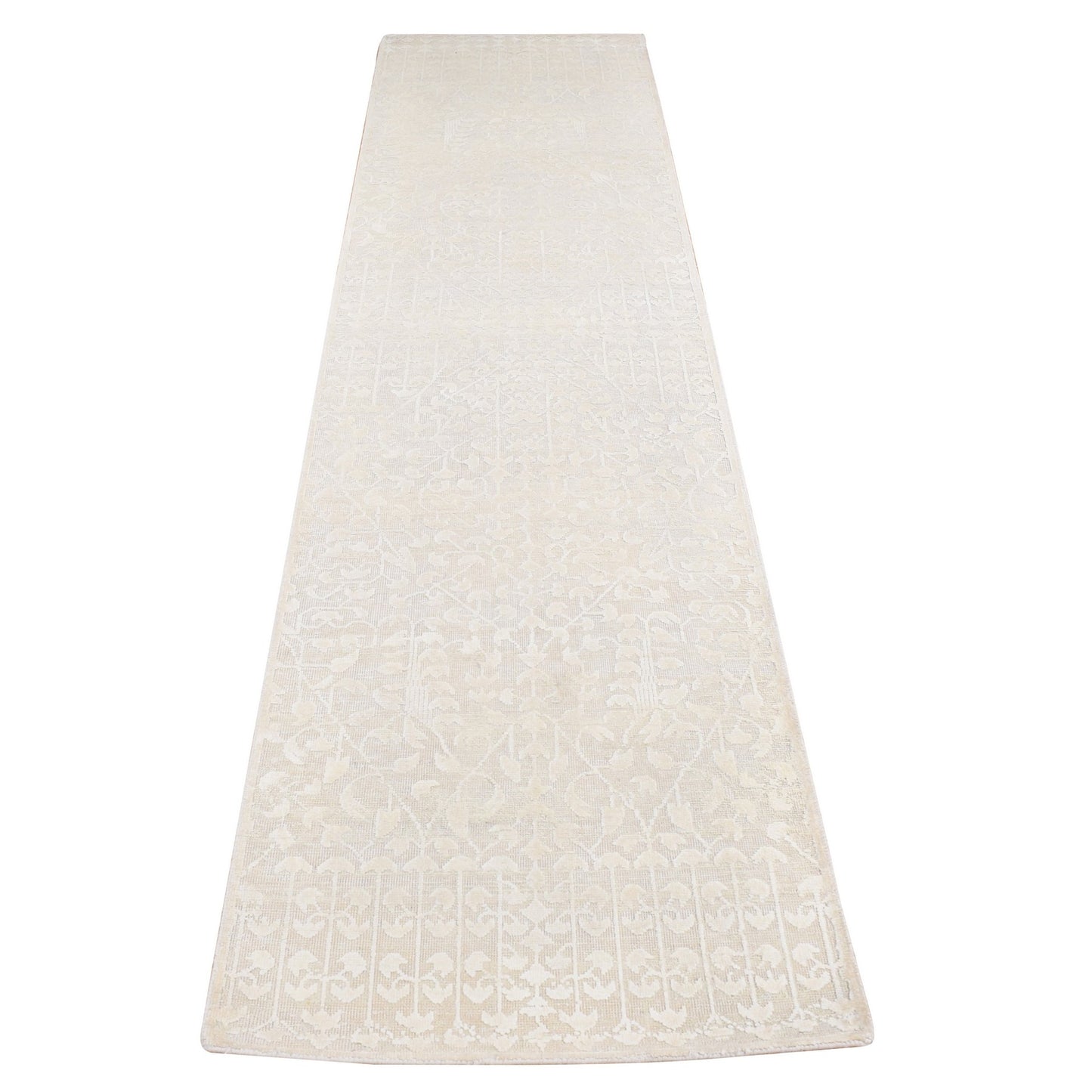 2'6"X11'8" Ivory Hand Knotted Tone On Tone Silk With Wool Runner Rug