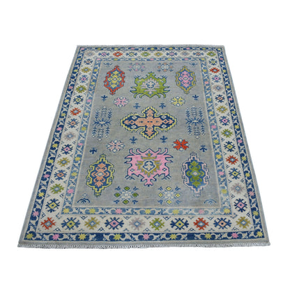 3'10"X5'5" Colorful Gray Fusion Kazak Pure Wool Hand Knotted Oriental Rug