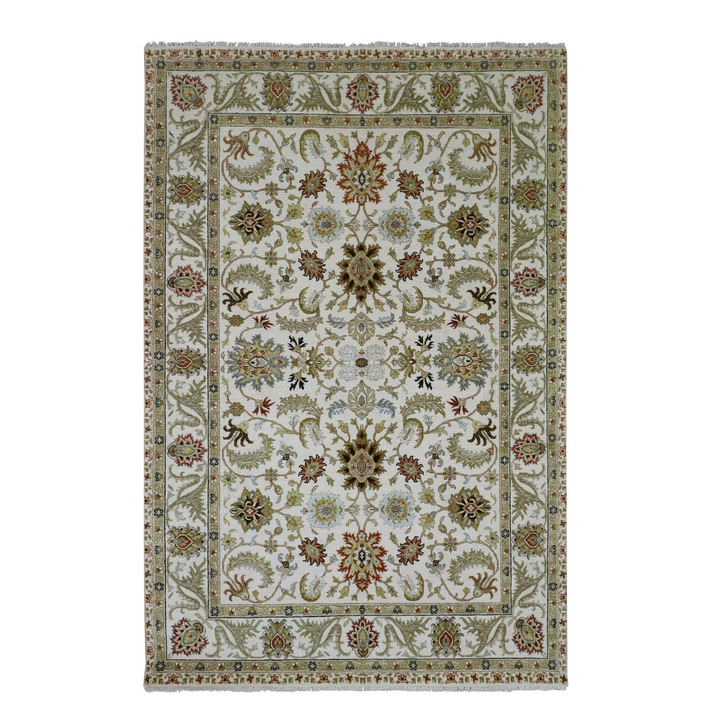 6'1"x9'3" Ivory Ziegler Design Floral Motifs Pure Wool Hand Knotted Rug