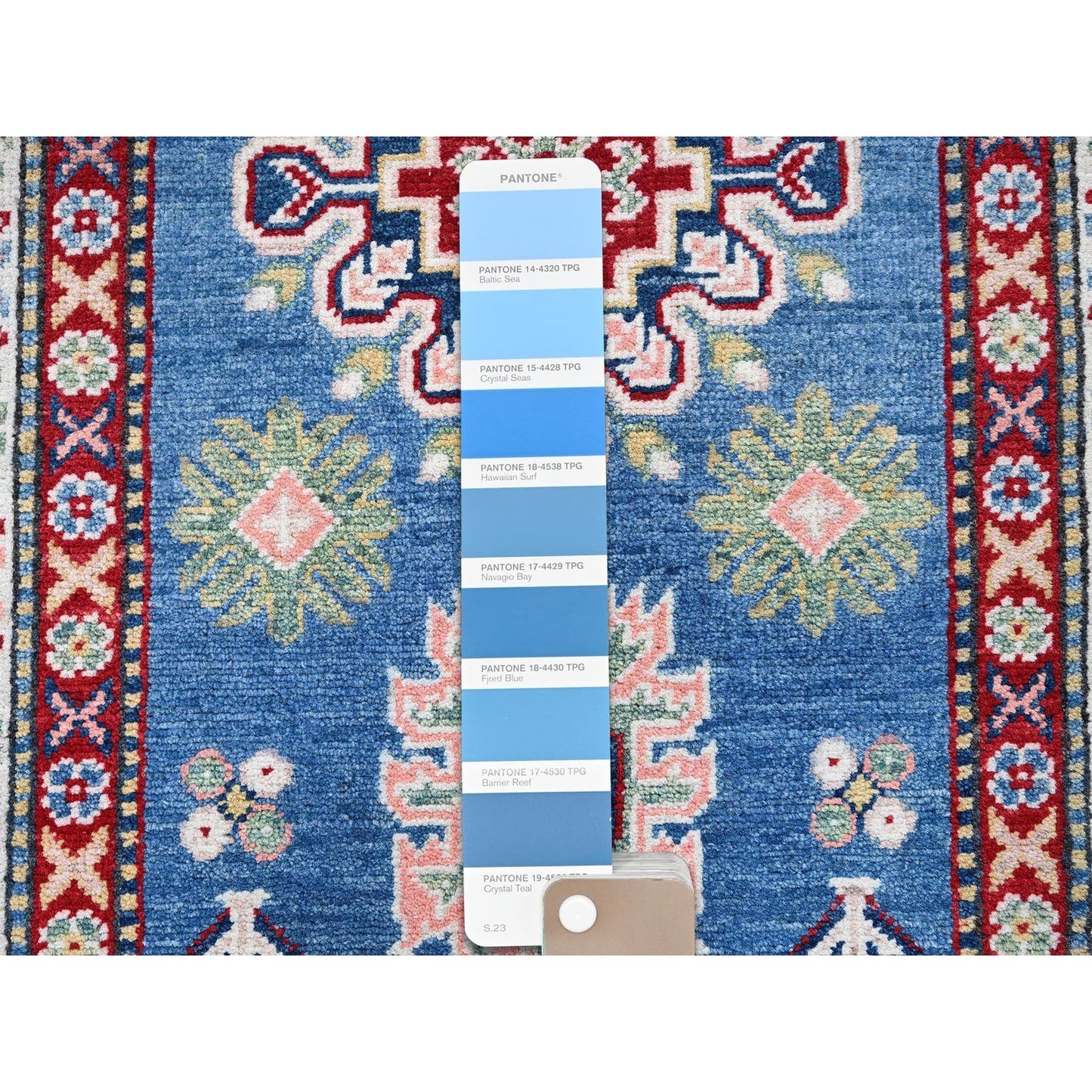 2'7"X6'7" Blue Kazak With Tribal Design Hand Knotted Soft Wool Runner Rug