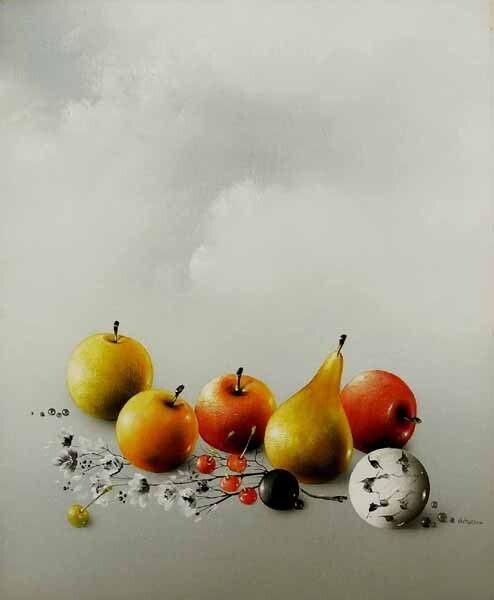 Alain Geneau Still Life with Fruits Oil Painting French Hyperrealism Framed