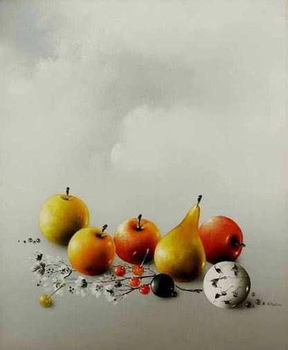 Alain Geneau Still Life with Fruits Oil Painting French Hyperrealism Framed
