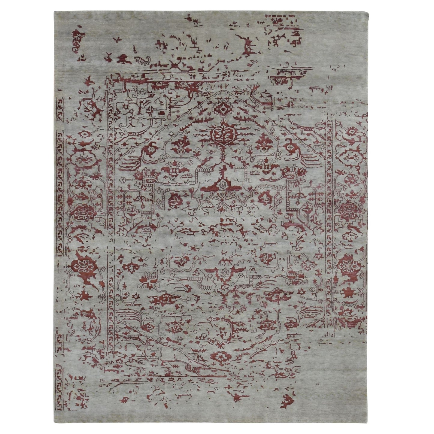 9'X11'9" Beige Broken Heris Design Wool And Silk Hand Knotted Rug