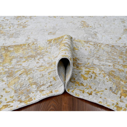 9'X12' Beige With Gold Abstract Design Wool And Silk Hand Knotted Rug