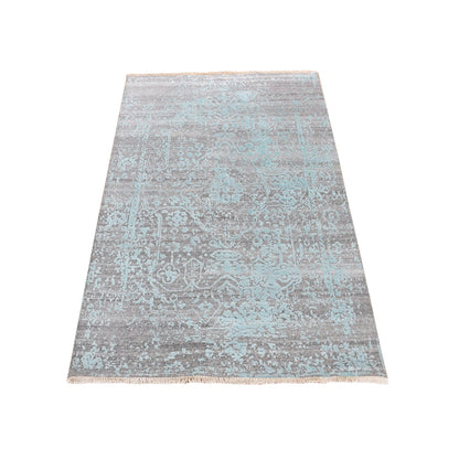 3'X4'10" Green Broken Zoroastrian Design Wool And Silk Hand Knotted Rug