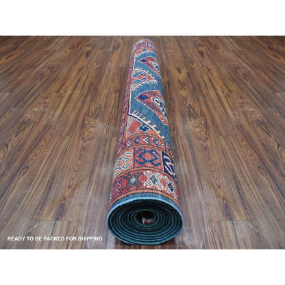 4'10"X12'9" Teal Afghan Ersari Geometric Design Hand Knotted Wool Rug