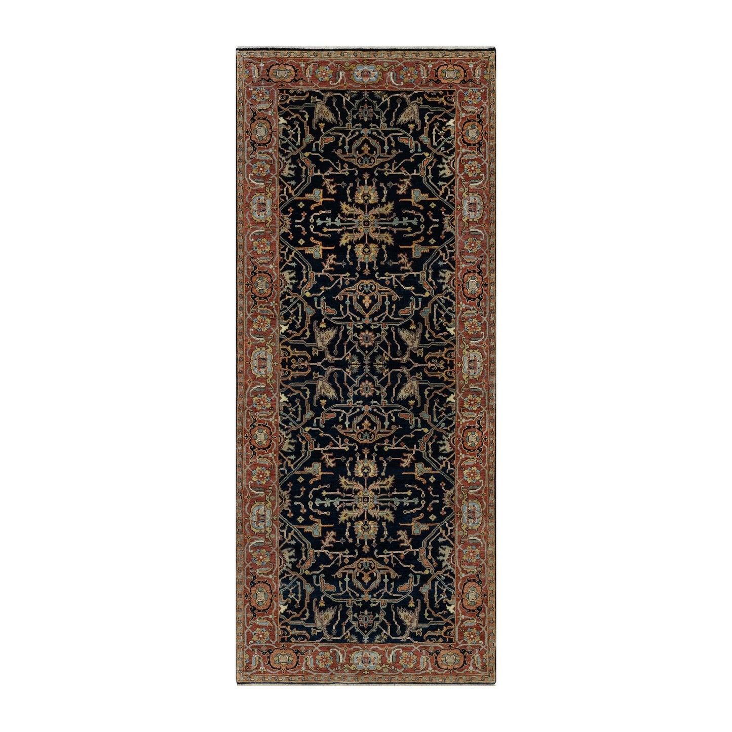4'2"X10'2" Blue Antiqued Fine Heris Hand Knotted Natural Wool Runner Rug