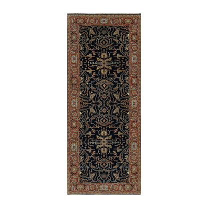 4'2"X10'2" Blue Antiqued Fine Heris Hand Knotted Natural Wool Runner Rug