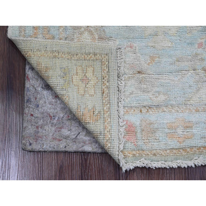 3'X9'6" Blue Hand Knotted Afghan Angora Oushak Leaf Motif Wool Runner Rug