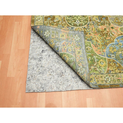 10'X14'3" Moss Green Repetitive Emblem Design Pure Wool Hand Knotted Rug