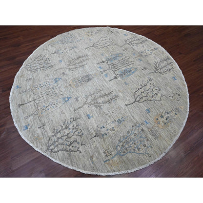 8'X8' Oyster Gray Peshawar Tree Design Hand Knotted 100% Wool Round Rug