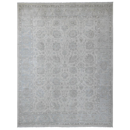 9'2"X11'10" White Washed Out Peshawar Leaf Design Hand Knotted Wool Rug