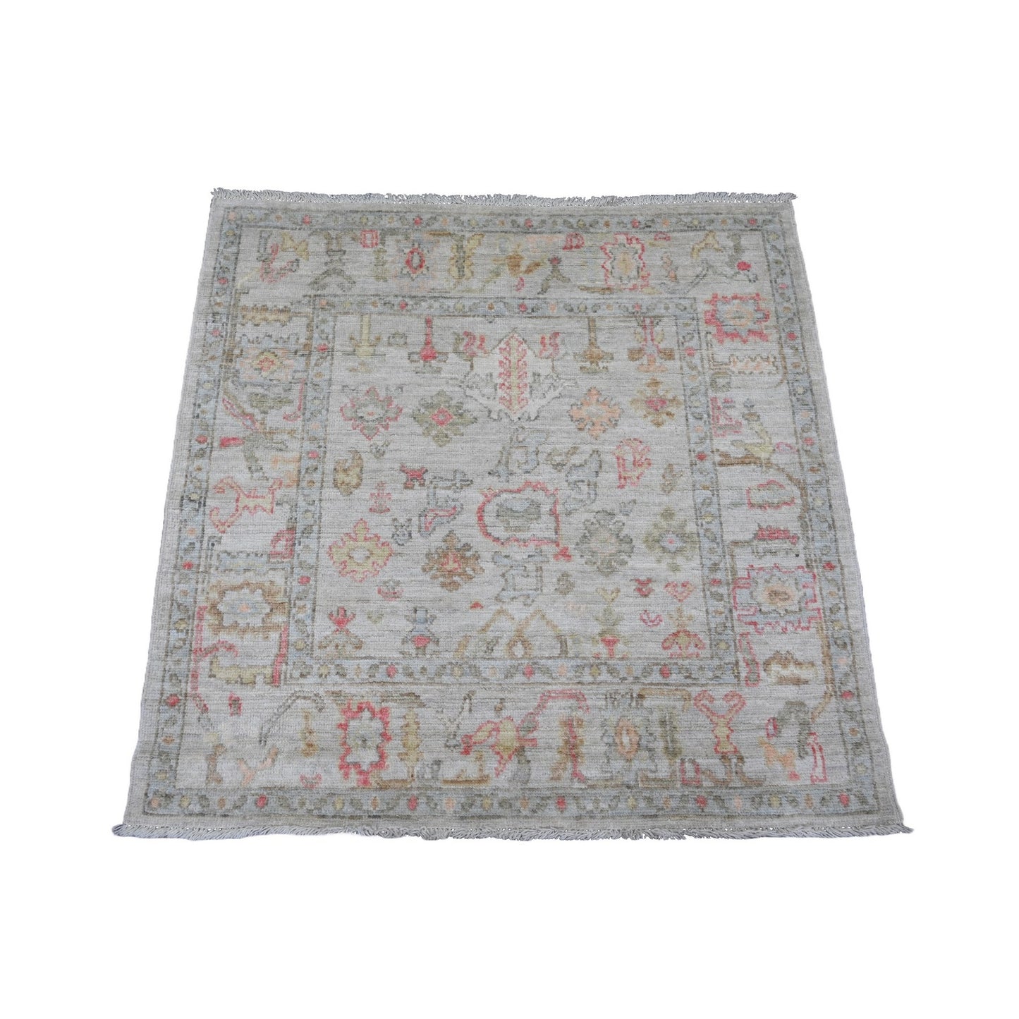 4'2"X4'2" Daisy White Afghan Angora Oushak Hand Knotted Wool Square Rug