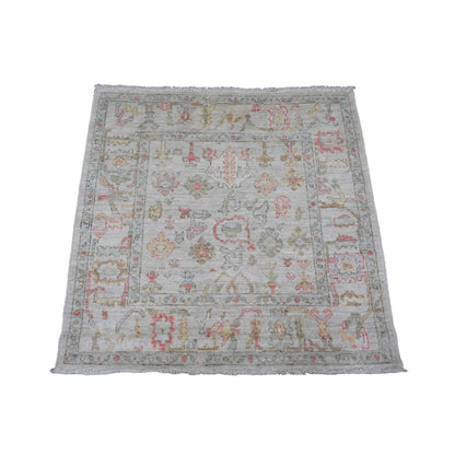 4'2"X4'2" Daisy White Afghan Angora Oushak Hand Knotted Wool Square Rug