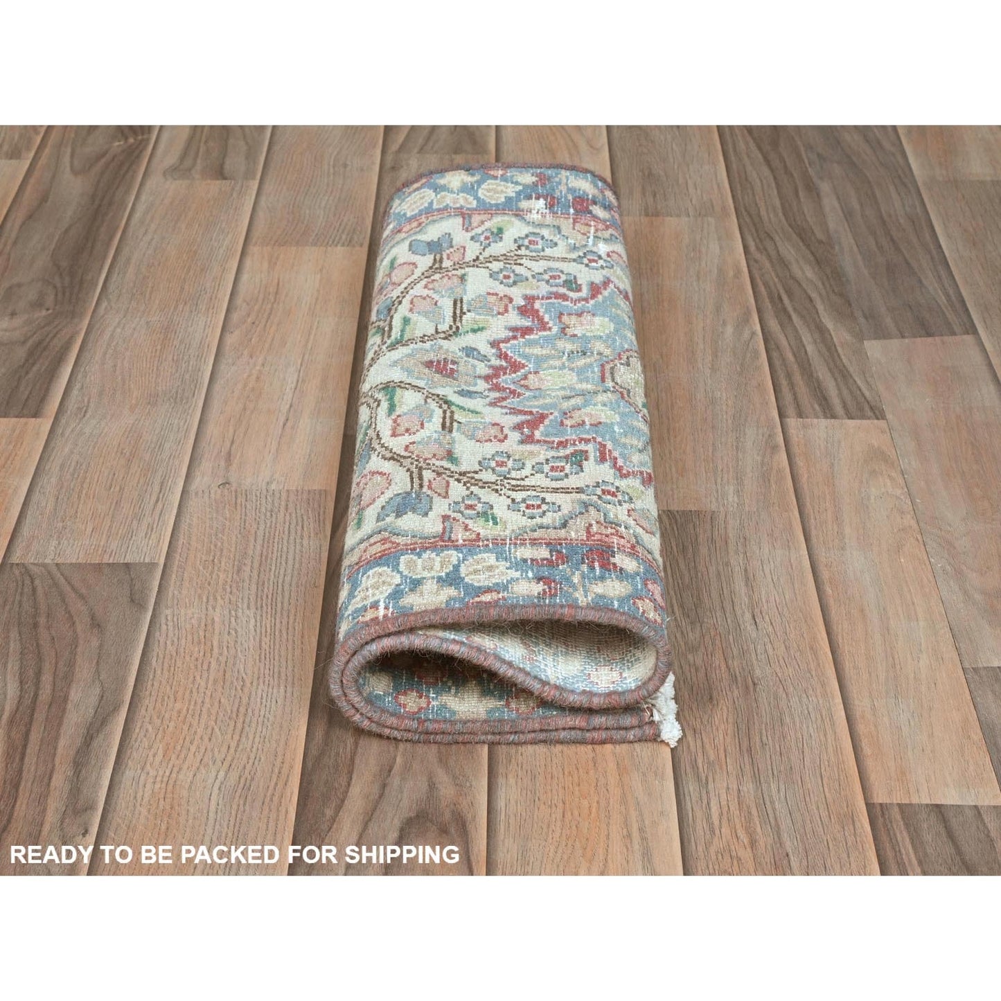 1'10"X2'6" Ivory Vintage Farsian Karman Worn Wool Hand Knotted Mat Rug