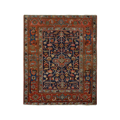 4'6"X5'6" Blue Antique Zoroastrian Heris Wide Serapi Borders Oriental Rug