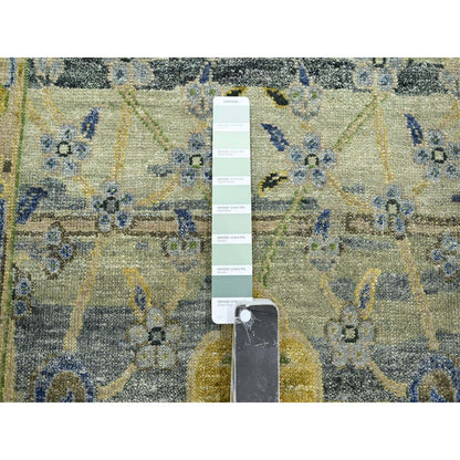 2'7"X10'6" Green Erased Birds Design Hand Knotted Pure Wool Runner Rug