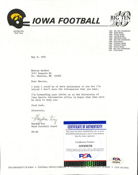 Hayden Fry Football Coach Signed Tls Letter University Of Iowa Psa/Dna 185275