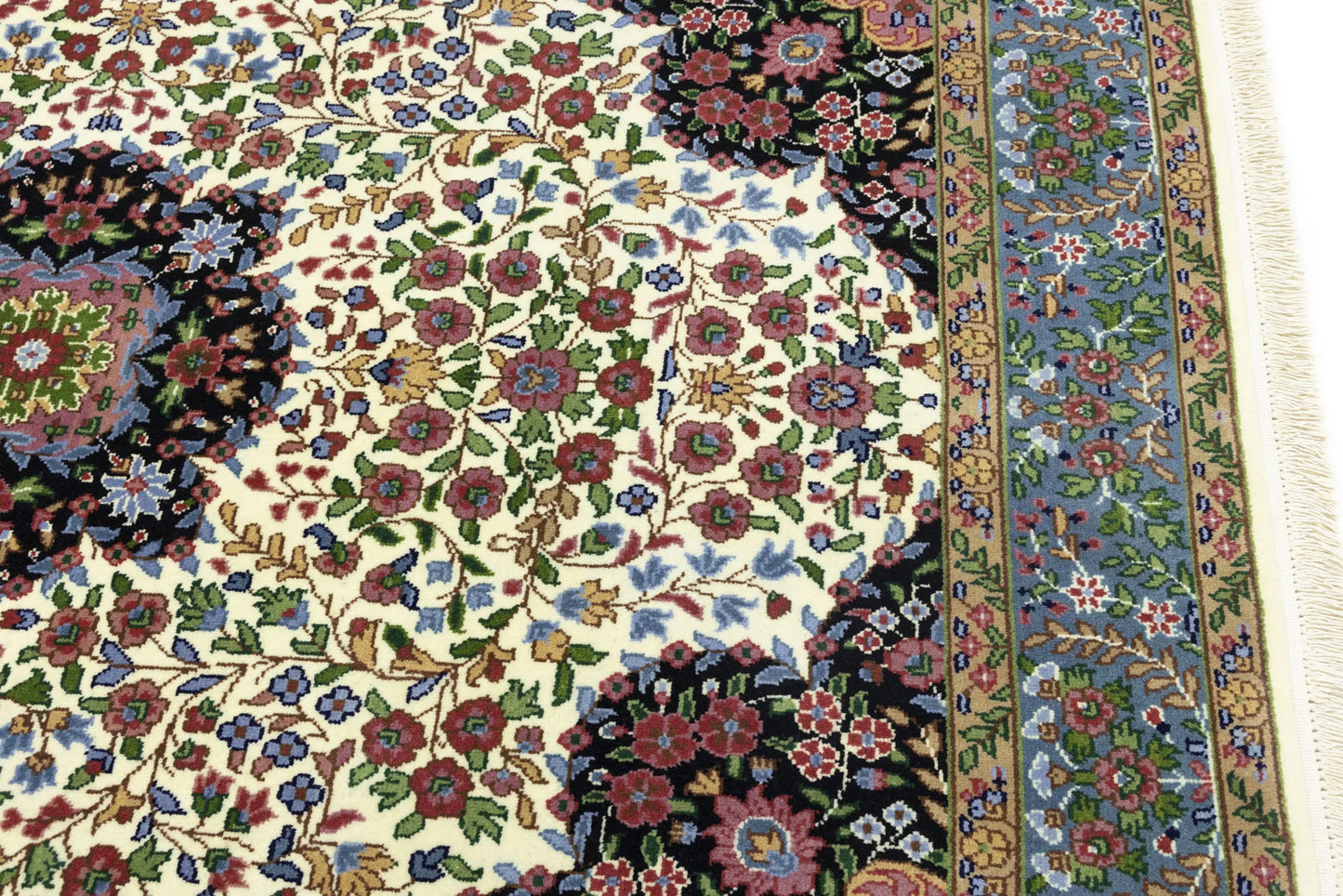 Handmade Kirman Oriental Rug Cream & Blue Floral