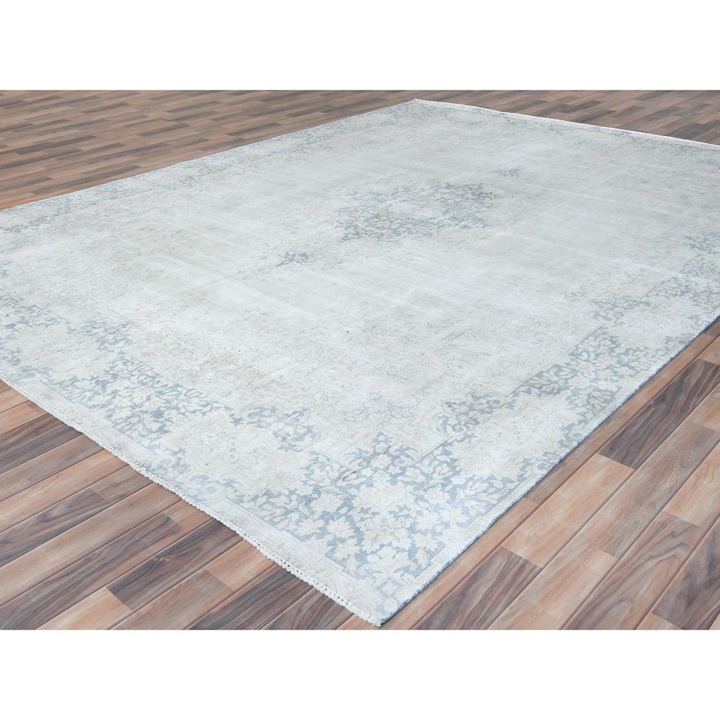 9'X12' Blue Worn Wool Hand Knotted Distressed Old Farsian Karman Rug