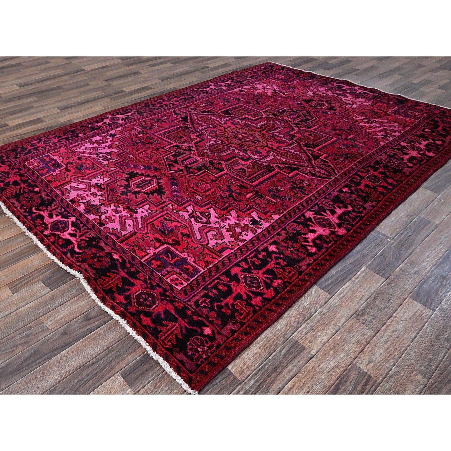 7'X9'5" Red Overdyed Semi Antique Zoroastrian Heris Hand Knotted Wool Rug