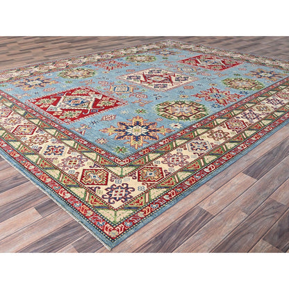 9'X11'9" Blue Hand Knotted Kazak Tribal Pattern Pure Wool Oriental Rug