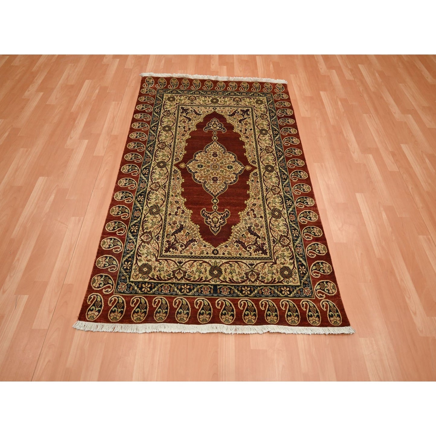 4'X6' Wine Red Pure Silk Tebraz Paisley Design Hand Knotted Oriental Rug
