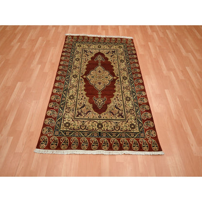 4'X6' Wine Red Pure Silk Tebraz Paisley Design Hand Knotted Oriental Rug
