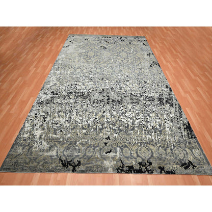 9'X12'2" Gray Erased Zoroastrian Design Wool And Silk Hand Knotted Rug
