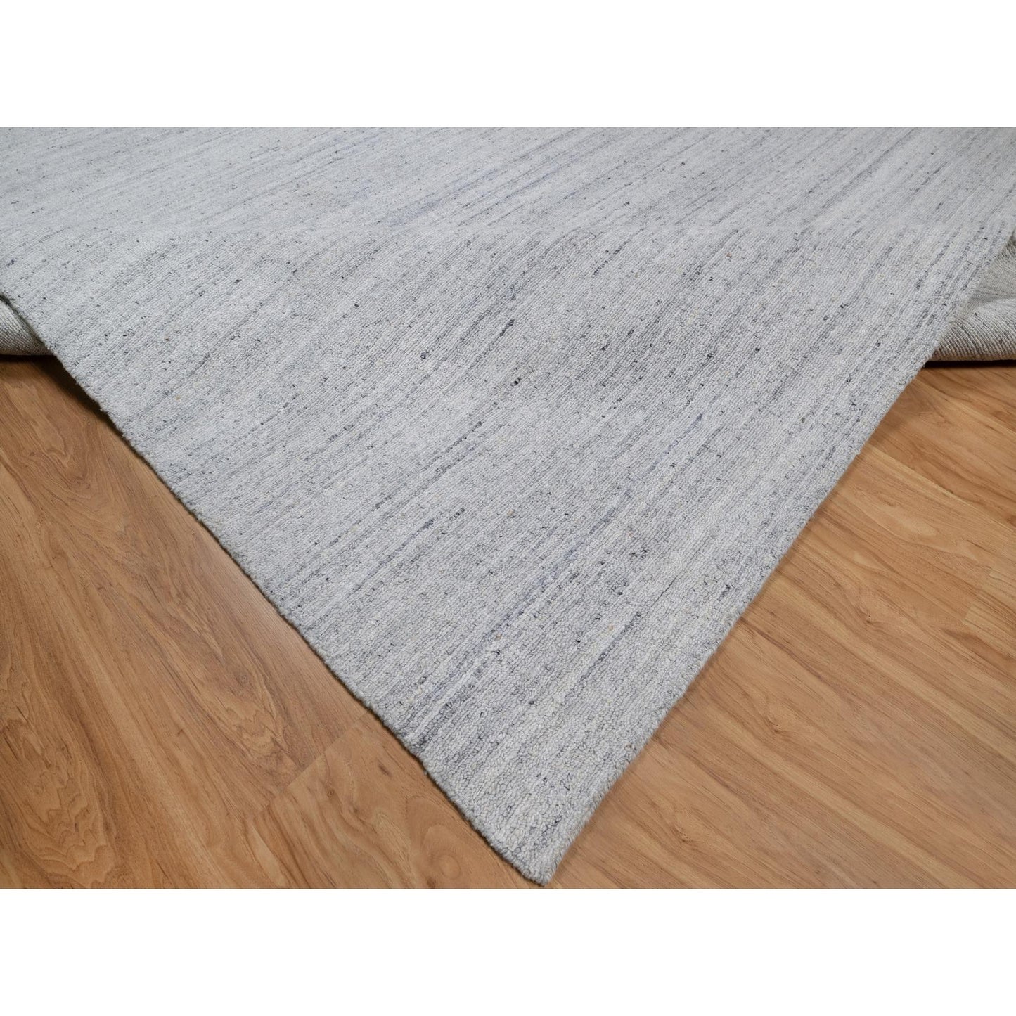 9'X12' Snow White Natural Wool Plain Modern Striae Design Hand Loomed Rug