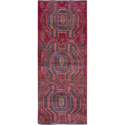 3'X7'7" Red Overdyed Vintage Northwest Zoroastrian Hand Knotted Runner Rug