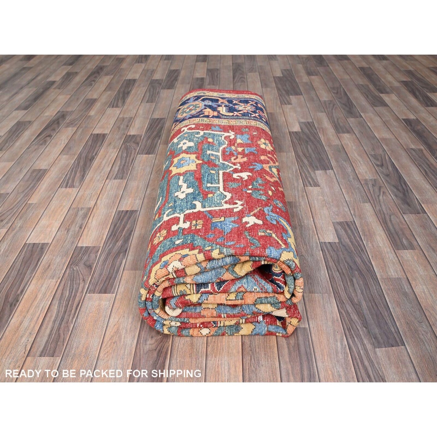 9'10"X13'1" Ruby Red Hand Knotted Wool Seeripe Heris Design Oriental Rug