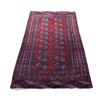3'1"X5'4" Crimson Red Old Turkeman Bokara Hand Knotted Clean Wool Rug