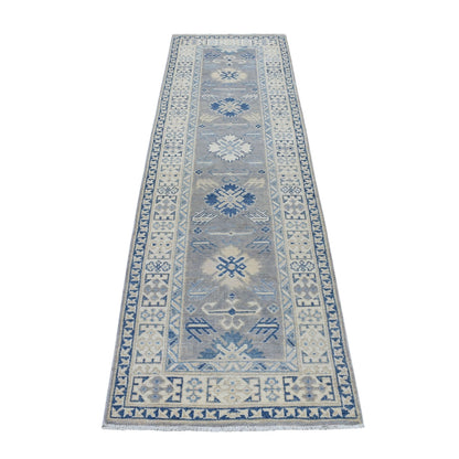 2'6"X9'4" Gray Vintage Look Kazak Wool Tribal Design Hand Made Runner Rug