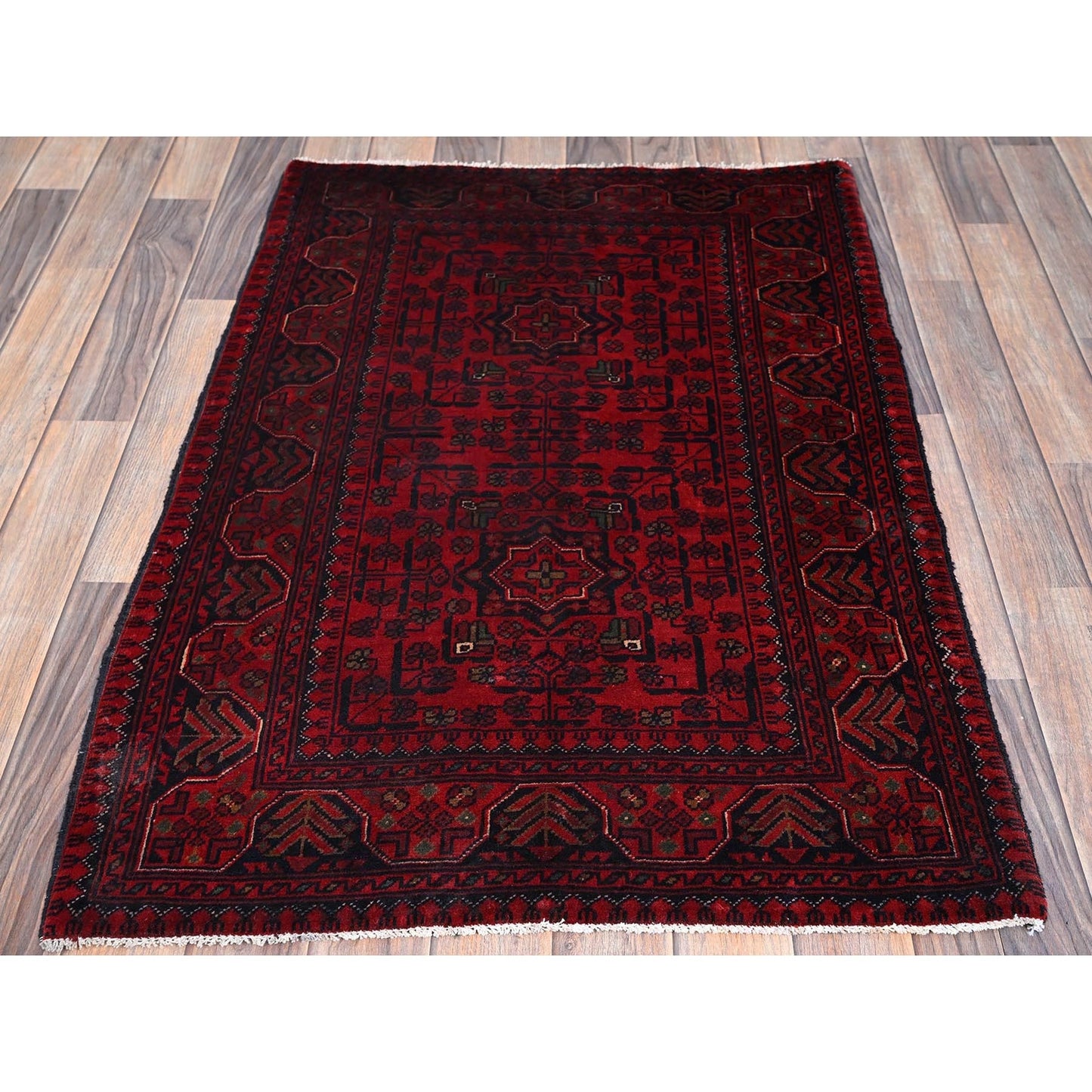 2'8"X4' Red Afghan Khamyab Tribal Design Soft Wool Hand Knotted Sample Rug