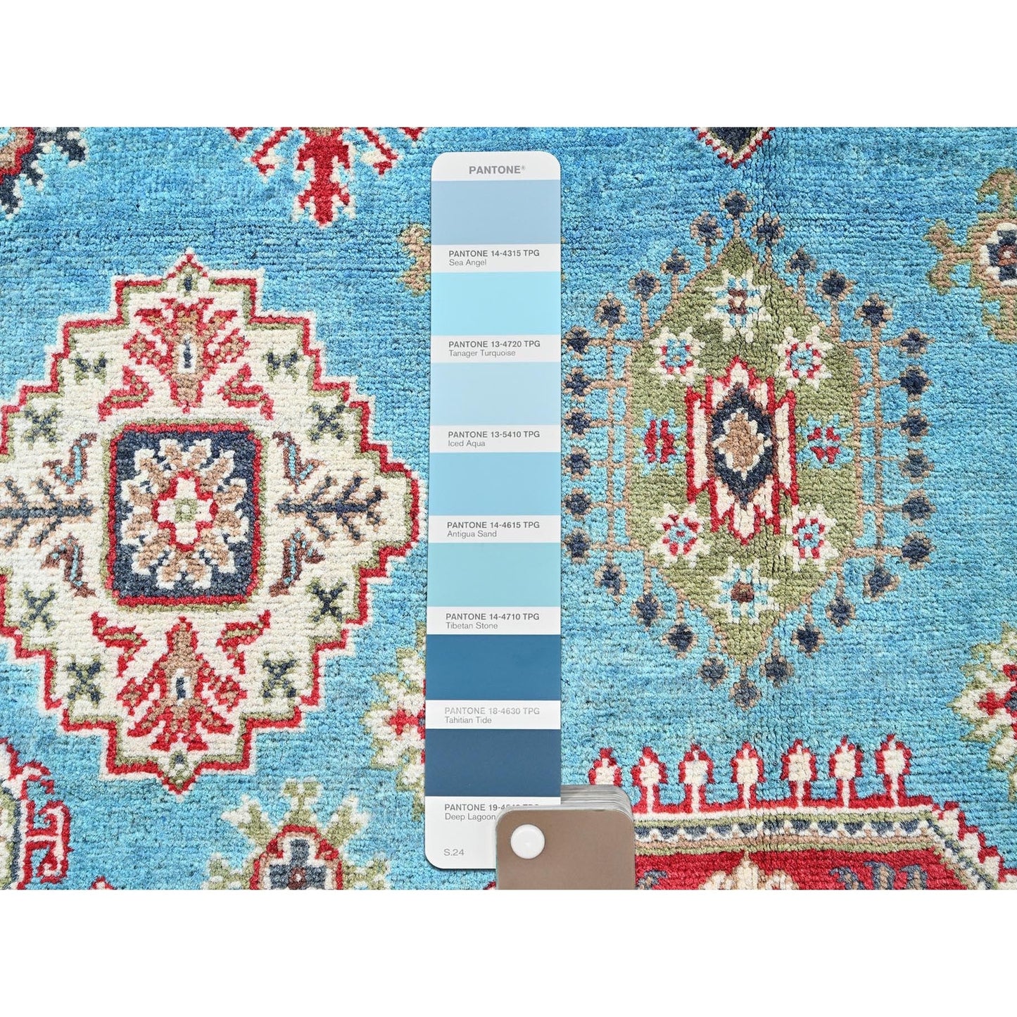 4'X6' Blue Kazak With Geometric Medallion Design Hand Knotted Soft Wool Rug