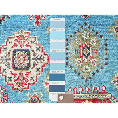 4'X6' Blue Kazak With Geometric Medallion Design Hand Knotted Soft Wool Rug