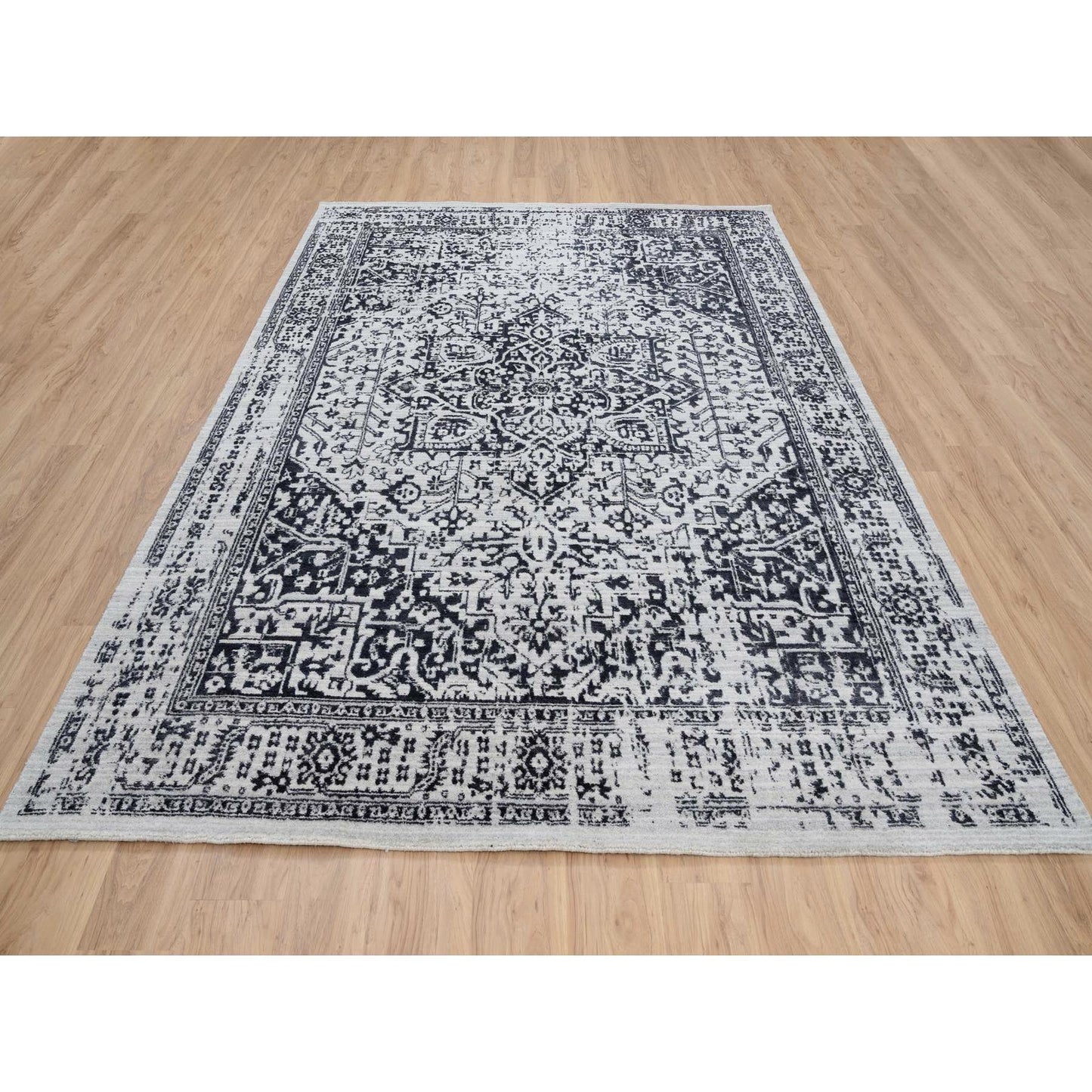 8'X10' Black Hand Loomed Erased Serapi Heris Design Wool And Silk Rug