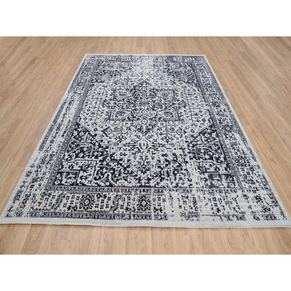 8'X10' Black Hand Loomed Erased Serapi Heris Design Wool And Silk Rug